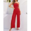 imageZESICA Womens Strapless Jumpsuit Casual Off Shoulder High Waist Wide Leg Side Slit Long Romper Playsuits with PocketsRed