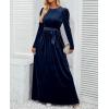 imageZESICA Womens Velvet Maxi Dress Fall 2025 Long Puff Sleeve Crew Neck Elastic High Waist Cocktail Party Bridesmaid DressesNavy