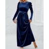 imageZESICA Womens Velvet Maxi Dress Fall 2025 Long Puff Sleeve Crew Neck Elastic High Waist Cocktail Party Bridesmaid DressesNavy