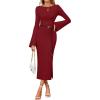 imageZESICA Fall Dresses for Women 2025 Elegant Classy Long Sleeve Business Casual Bodycon Slit Midi Dress with BeltWine