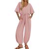 imageZESICA One Piece Jumpsuits for Women Summer Casual Short Sleeve V Neck Overalls Drawstring Waist Romper with PocketsPink