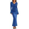 imageZESICA Womens 2025 Fall Long Sleeve Ruched Bodycon Maxi Dress Cowl Neck Back Slit Knit Wedding Guest Cocktail Party DressesBlue
