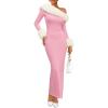 imageZESICA Womens 2025 Fall Off Shoulder Sweater Dress Formal Long Sleeve Faux Fur Knit Bodycon Side Slit Maxi DressesPink