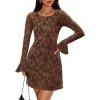 imageZESICA Womens Fall Bell Long Sleeve Bodycon Mini Dresses 2025 Casual Floral Crew Neck Mesh Cocktail Party Club DressBrown