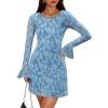 imageZESICA Womens Fall Bell Long Sleeve Bodycon Mini Dresses 2025 Casual Floral Crew Neck Mesh Cocktail Party Club DressDusty Blue