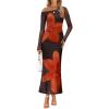imageZESICA Womens Long Sleeve Floral Maxi Dress 2025 Fall Off Shoulder Bodycon Ruched Mesh Cocktail Wedding Guest DressesTangerine