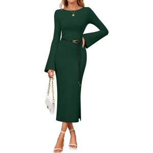imageZESICA Fall Dresses for Women 2025 Elegant Classy Long Sleeve Business Casual Bodycon Slit Midi Dress with BeltDarkgreen