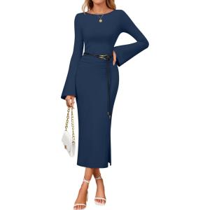 imageZESICA Fall Dresses for Women 2025 Elegant Classy Long Sleeve Business Casual Bodycon Slit Midi Dress with BeltNavy
