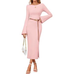 imageZESICA Fall Dresses for Women 2025 Elegant Classy Long Sleeve Business Casual Bodycon Slit Midi Dress with BeltPink