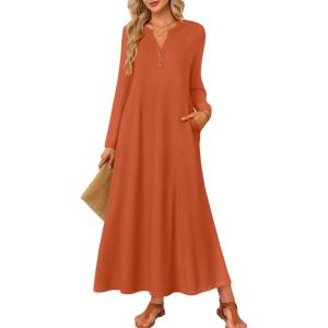 imageZESICA Fall Long Sleeve Dressy Casual Maxi Dresses for Women 2025 Elegant Classy V Neck Flowy Tshirt Dress with PocketsBrickred