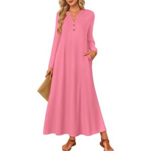 imageZESICA Fall Long Sleeve Dressy Casual Maxi Dresses for Women 2025 Elegant Classy V Neck Flowy Tshirt Dress with PocketsDustypink