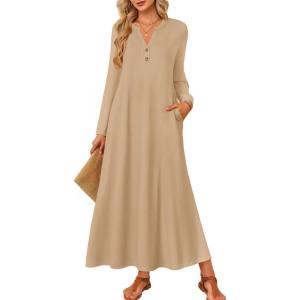 imageZESICA Fall Long Sleeve Dressy Casual Maxi Dresses for Women 2025 Elegant Classy V Neck Flowy Tshirt Dress with PocketsKhaki