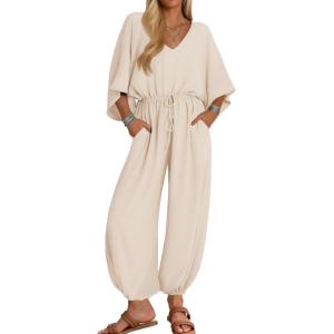 imageZESICA One Piece Jumpsuits for Women Summer Casual Short Sleeve V Neck Overalls Drawstring Waist Romper with PocketsApricot