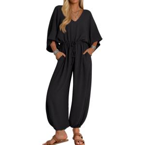 imageZESICA One Piece Jumpsuits for Women Summer Casual Short Sleeve V Neck Overalls Drawstring Waist Romper with PocketsBlack