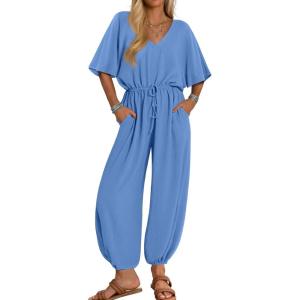 imageZESICA One Piece Jumpsuits for Women Summer Casual Short Sleeve V Neck Overalls Drawstring Waist Romper with PocketsBlue