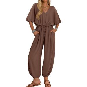 imageZESICA One Piece Jumpsuits for Women Summer Casual Short Sleeve V Neck Overalls Drawstring Waist Romper with PocketsCoffee