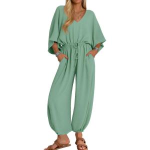 imageZESICA One Piece Jumpsuits for Women Summer Casual Short Sleeve V Neck Overalls Drawstring Waist Romper with PocketsGreen