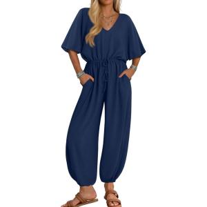imageZESICA One Piece Jumpsuits for Women Summer Casual Short Sleeve V Neck Overalls Drawstring Waist Romper with PocketsNavy
