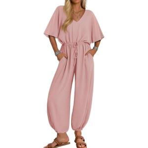 imageZESICA One Piece Jumpsuits for Women Summer Casual Short Sleeve V Neck Overalls Drawstring Waist Romper with PocketsPink