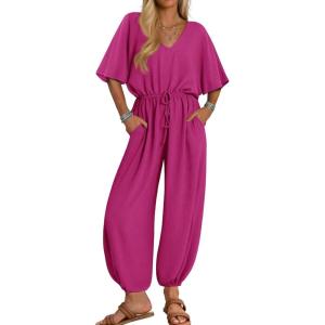 imageZESICA One Piece Jumpsuits for Women Summer Casual Short Sleeve V Neck Overalls Drawstring Waist Romper with PocketsRose