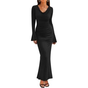 imageZESICA Womens 2025 Fall Long Sleeve Ruched Bodycon Maxi Dress Cowl Neck Back Slit Knit Wedding Guest Cocktail Party DressesBlack