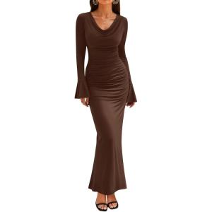 imageZESICA Womens 2025 Fall Long Sleeve Ruched Bodycon Maxi Dress Cowl Neck Back Slit Knit Wedding Guest Cocktail Party DressesBrown