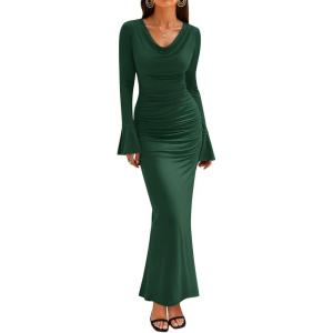 imageZESICA Womens 2025 Fall Long Sleeve Ruched Bodycon Maxi Dress Cowl Neck Back Slit Knit Wedding Guest Cocktail Party DressesDark Green