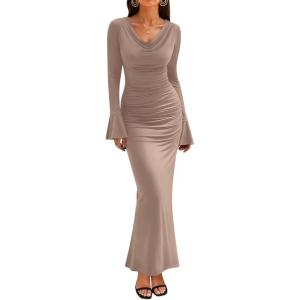 imageZESICA Womens 2025 Fall Long Sleeve Ruched Bodycon Maxi Dress Cowl Neck Back Slit Knit Wedding Guest Cocktail Party DressesKhaki