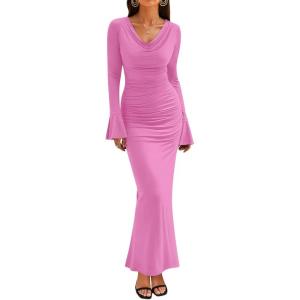 imageZESICA Womens 2025 Fall Long Sleeve Ruched Bodycon Maxi Dress Cowl Neck Back Slit Knit Wedding Guest Cocktail Party DressesPink