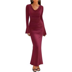 imageZESICA Womens 2025 Fall Long Sleeve Ruched Bodycon Maxi Dress Cowl Neck Back Slit Knit Wedding Guest Cocktail Party DressesWine Red