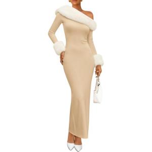 imageZESICA Womens 2025 Fall Off Shoulder Sweater Dress Formal Long Sleeve Faux Fur Knit Bodycon Side Slit Maxi DressesApricot