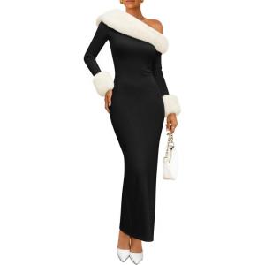 imageZESICA Womens 2025 Fall Off Shoulder Sweater Dress Formal Long Sleeve Faux Fur Knit Bodycon Side Slit Maxi DressesBlack