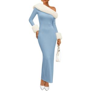 imageZESICA Womens 2025 Fall Off Shoulder Sweater Dress Formal Long Sleeve Faux Fur Knit Bodycon Side Slit Maxi DressesBlue