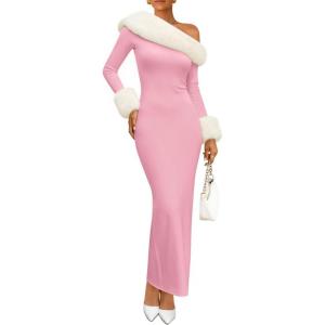 imageZESICA Womens 2025 Fall Off Shoulder Sweater Dress Formal Long Sleeve Faux Fur Knit Bodycon Side Slit Maxi DressesPink