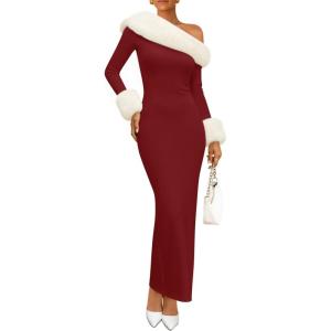 imageZESICA Womens 2025 Fall Off Shoulder Sweater Dress Formal Long Sleeve Faux Fur Knit Bodycon Side Slit Maxi DressesWine