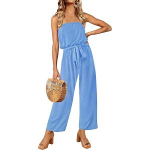 imageZESICA Womens Casual Off Shoulder Solid Color Strapless Belted Wide Leg Jumpsuit RomperBlue