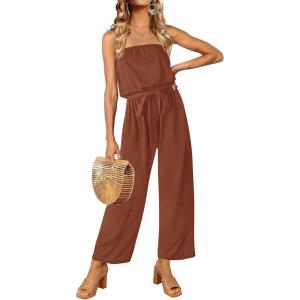 imageZESICA Womens Casual Off Shoulder Solid Color Strapless Belted Wide Leg Jumpsuit RomperCaramel