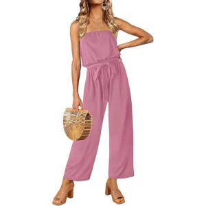 imageZESICA Womens Casual Off Shoulder Solid Color Strapless Belted Wide Leg Jumpsuit RomperDustypink