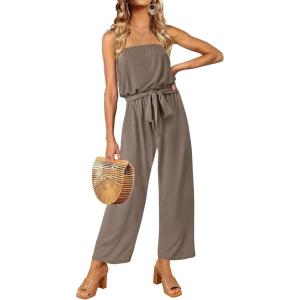imageZESICA Womens Casual Off Shoulder Solid Color Strapless Belted Wide Leg Jumpsuit RomperMocha