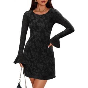 imageZESICA Womens Fall Bell Long Sleeve Bodycon Mini Dresses 2025 Casual Floral Crew Neck Mesh Cocktail Party Club DressBlack