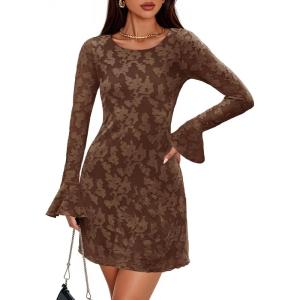 imageZESICA Womens Fall Bell Long Sleeve Bodycon Mini Dresses 2025 Casual Floral Crew Neck Mesh Cocktail Party Club DressBrown