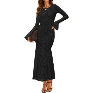 imageZESICA Womens Long Sleeve Bodycon Maxi Dress 2025 Fall Fashion Floral Sexy Mermaid Wedding Guest Cocktail Party DressesBlack