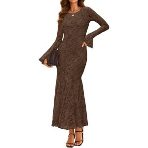 imageZESICA Womens Long Sleeve Bodycon Maxi Dress 2025 Fall Fashion Floral Sexy Mermaid Wedding Guest Cocktail Party DressesCoffee