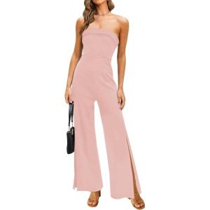 imageZESICA Womens Strapless Jumpsuit Casual Off Shoulder High Waist Wide Leg Side Slit Long Romper Playsuits with PocketsDustypink