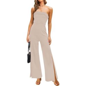 imageZESICA Womens Strapless Jumpsuit Casual Off Shoulder High Waist Wide Leg Side Slit Long Romper Playsuits with PocketsGreyapricot