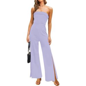 imageZESICA Womens Strapless Jumpsuit Casual Off Shoulder High Waist Wide Leg Side Slit Long Romper Playsuits with PocketsPurple