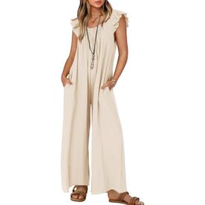 imageZESICA Womens Summer Loose Jumpsuit Casual V Neck Sleeveless Oversized Wide Leg Pant Overalls Romper with PocketsApricot