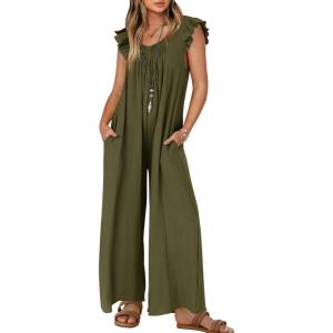 imageZESICA Womens Summer Loose Jumpsuit Casual V Neck Sleeveless Oversized Wide Leg Pant Overalls Romper with PocketsArmy