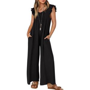 imageZESICA Womens Summer Loose Jumpsuit Casual V Neck Sleeveless Oversized Wide Leg Pant Overalls Romper with PocketsBlack