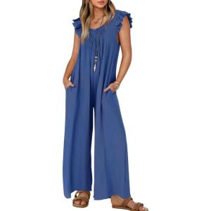 imageZESICA Womens Summer Loose Jumpsuit Casual V Neck Sleeveless Oversized Wide Leg Pant Overalls Romper with PocketsBlue